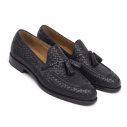 Woven Black Leather Tassel Loafers for Men