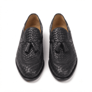 Woven Black Leather Tassel Loafers for Men