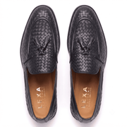 Woven Black Leather Tassel Loafers for Men