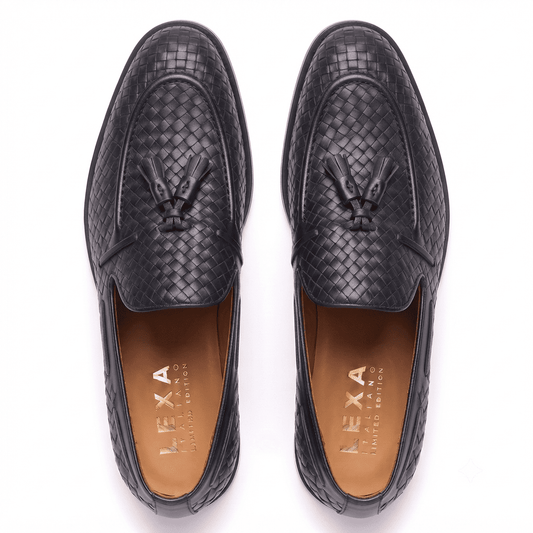 Woven Black Leather Tassel Loafers for Men