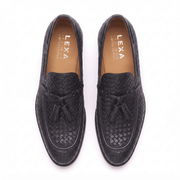 Woven Black Leather Tassel Loafers for Men