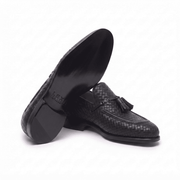 Woven Black Leather Tassel Loafers for Men