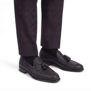 Woven Black Leather Tassel Loafers for Men