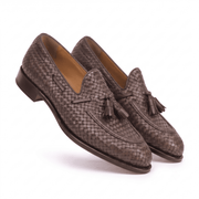Woven Brown Leather Tassel Loafers for Men