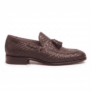 Woven Brown Leather Tassel Loafers for Men
