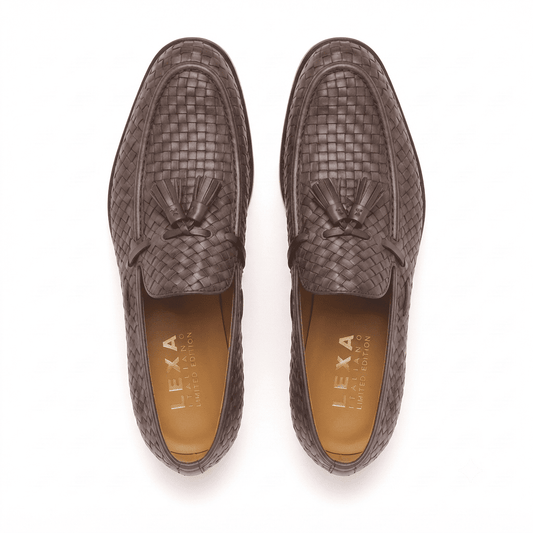 Woven Brown Leather Tassel Loafers for Men
