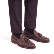 Woven Brown Leather Tassel Loafers for Men