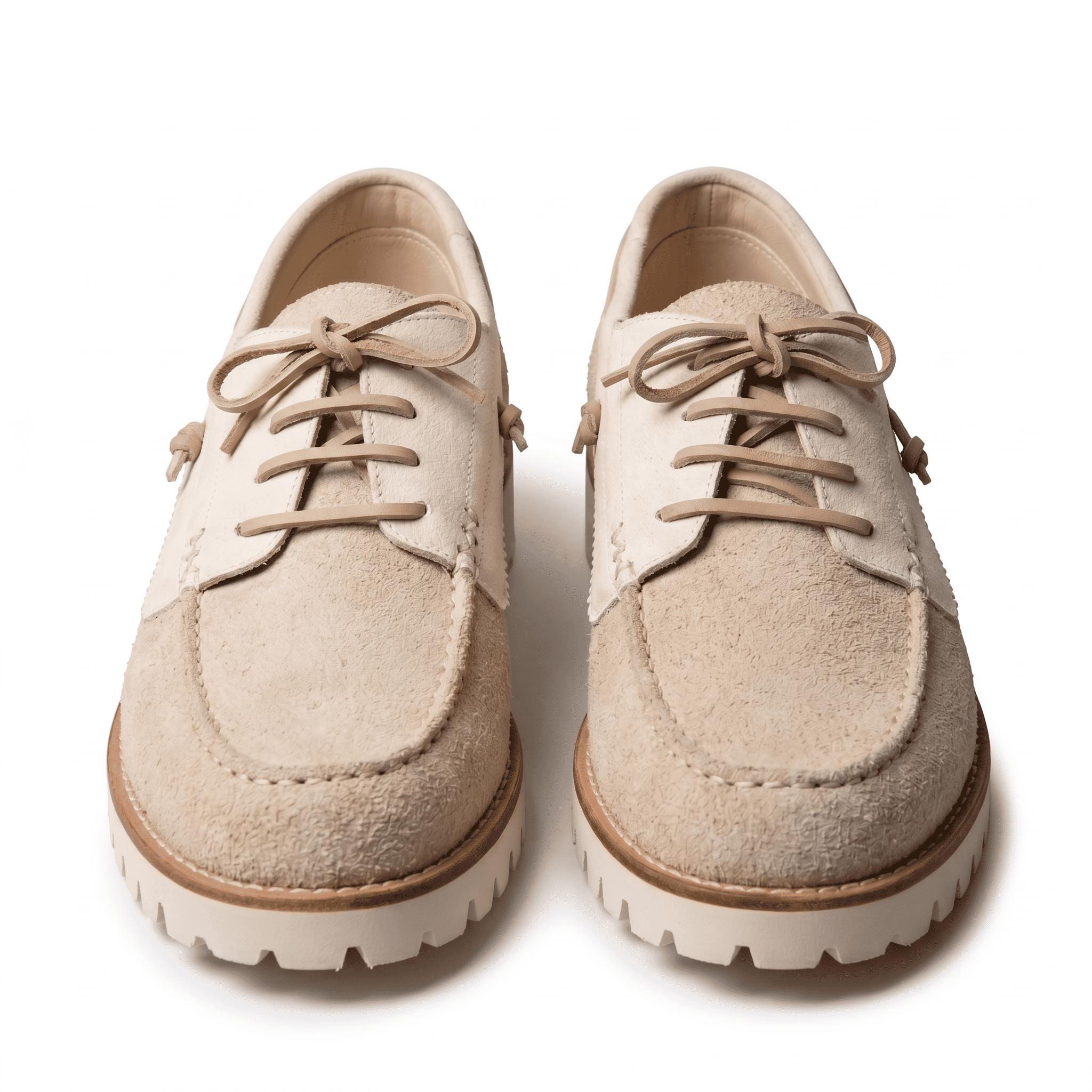 Front-facing pair of the beige suede shoes highlighting the moc-toe design and round matching laces.