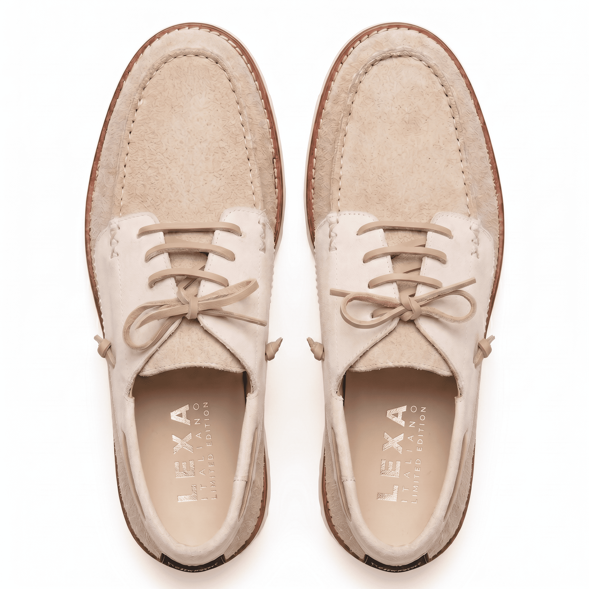 Top-down view of men's beige suede shoes highlighting the cream leather eyelet panels and gold-branded insoles.