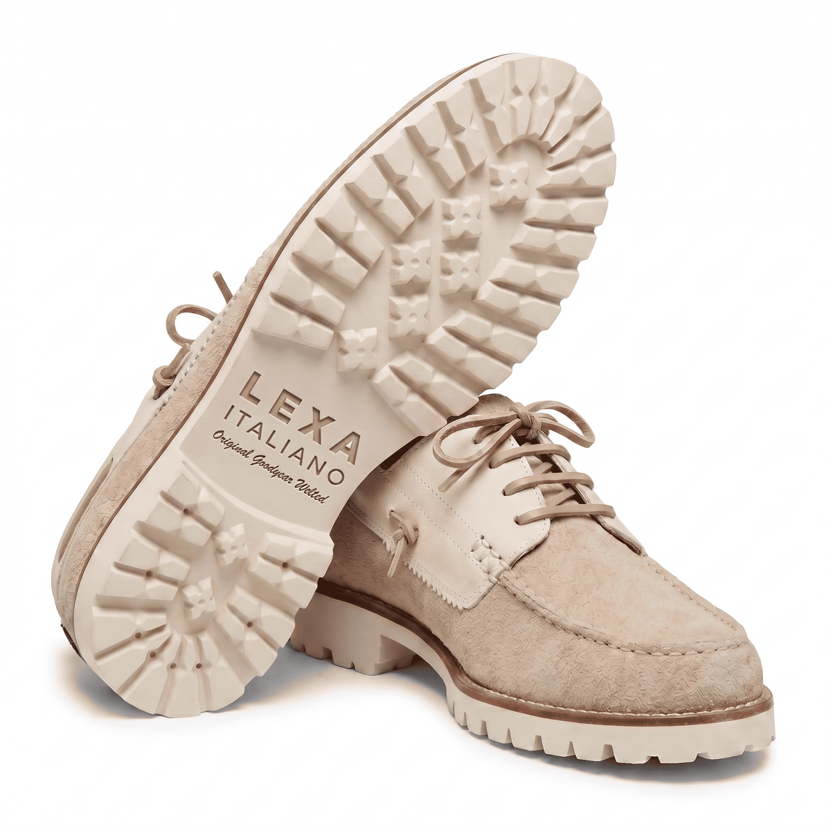 Side-by-side view showing the deep tread pattern of the cream lug sole and the side profile of the shoe.