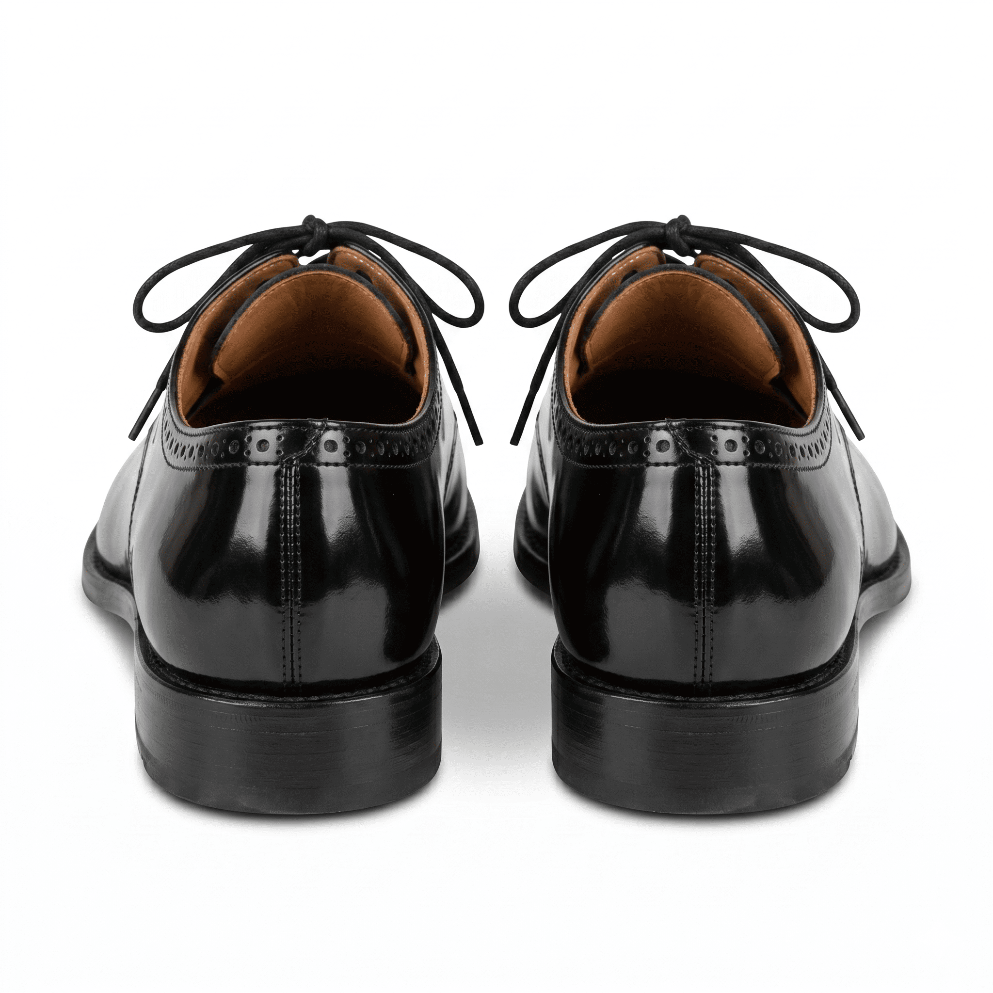 Back view of the shoes highlighting the polished leather heel counters and clean stitching.