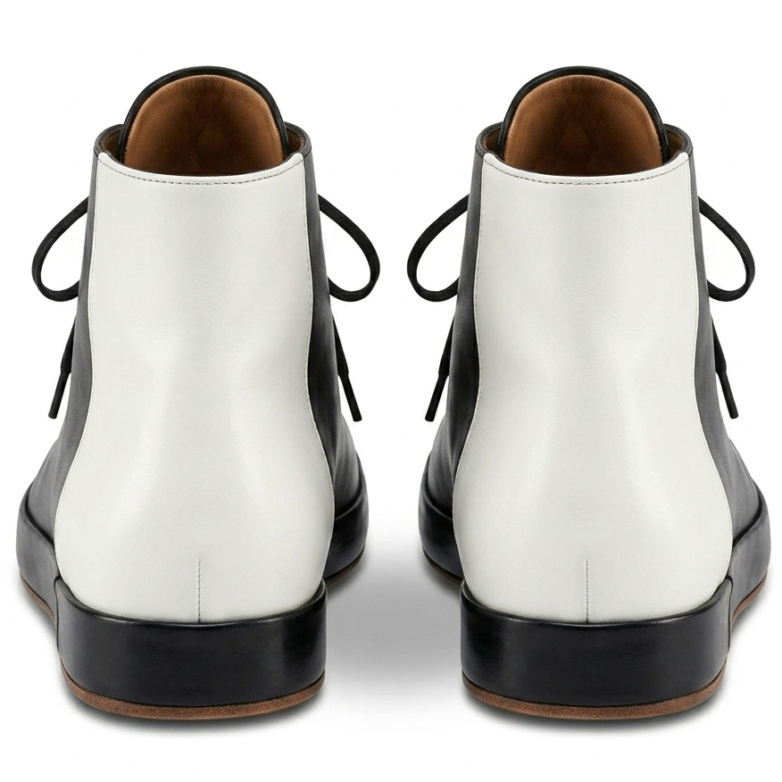 black leather boots back view with brown inner lining