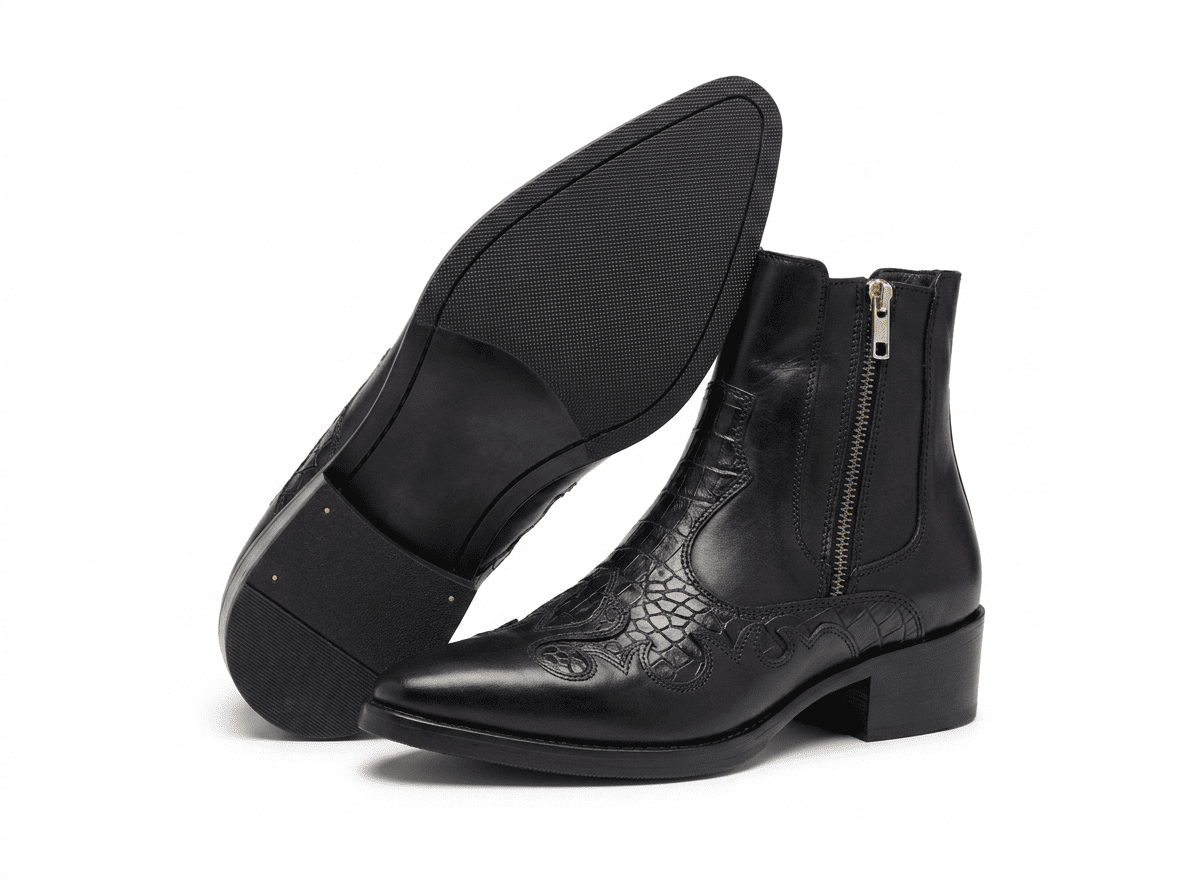 Angled view showing the smooth black outsole and the inner gold-tone zipper of the embroidered Chelsea boot.