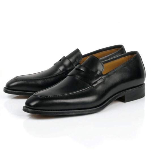 Side view of black leather loafers for men with sleek elegant design and premium finish