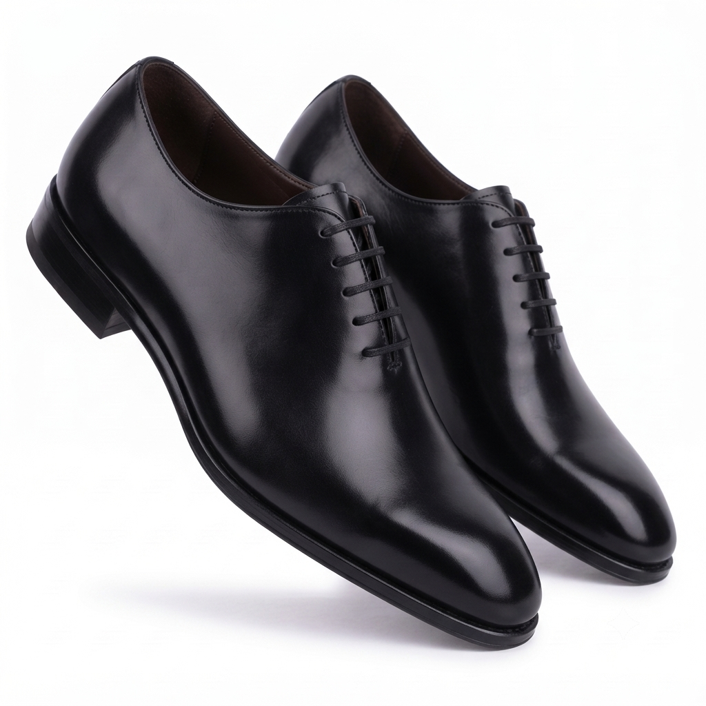Angled view of premium black leather Oxford shoes for men showcasing elegant craftsmanship and a polished finish.