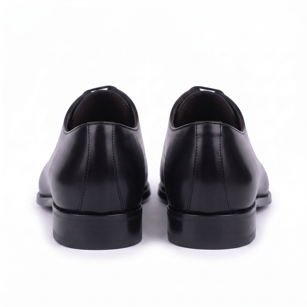 Rear view of handcrafted black genuine leather Oxford shoes for men showcasing the premium heel and refined finish.