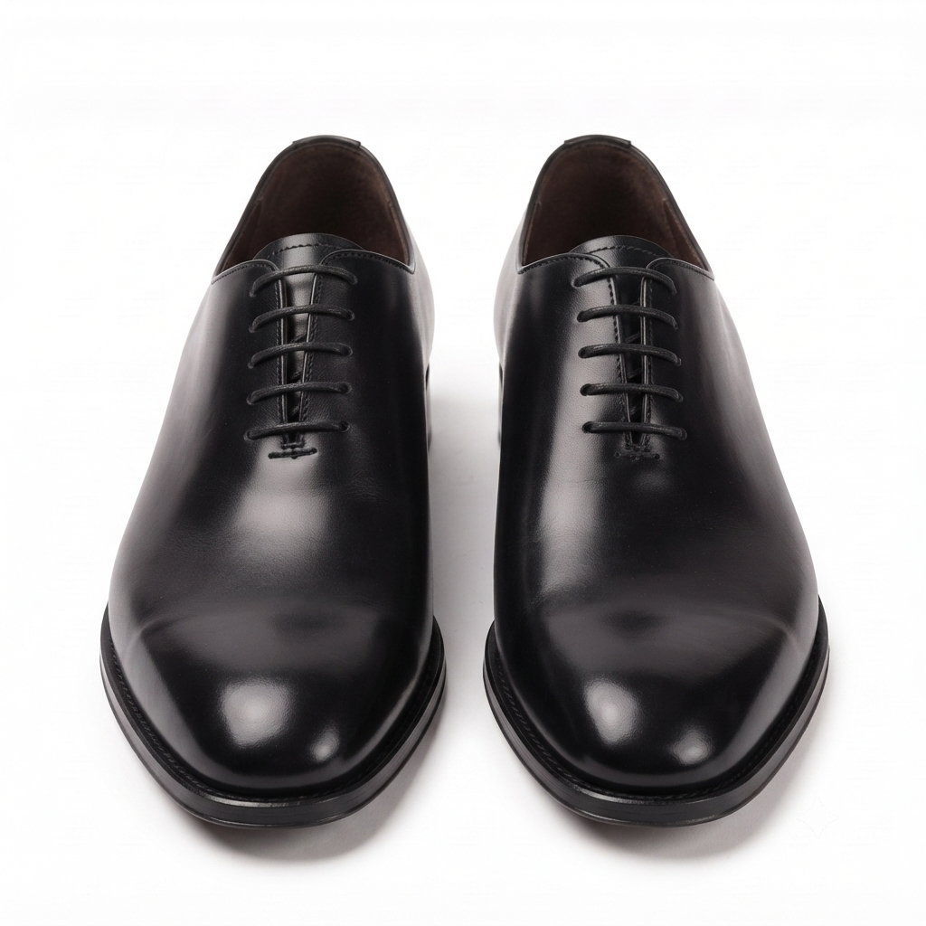 Front view of black leather Oxford dress shoes for men featuring a polished toe and classic lace-up design.