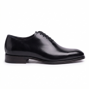 Left side view of black leather Oxford shoes for men with a streamlined profile and premium handcrafted finish.