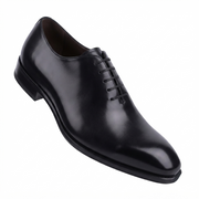 Side profile of black genuine leather Oxford dress shoes for men featuring a sleek lace-up silhouette.