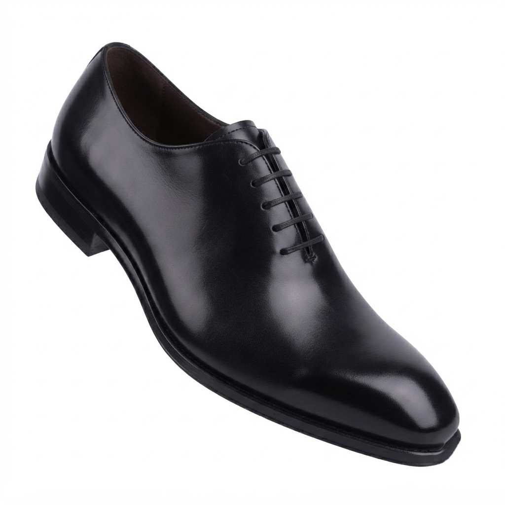 Side profile of black genuine leather Oxford dress shoes for men featuring a sleek lace-up silhouette.