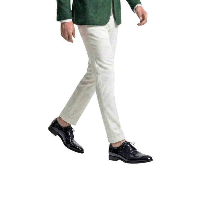 man walking wearing black leather formal shoes smart casual outfit