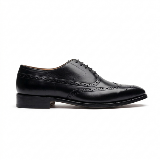 Black leather wingtip oxford shoes for men with brogue detailing formal dress shoe