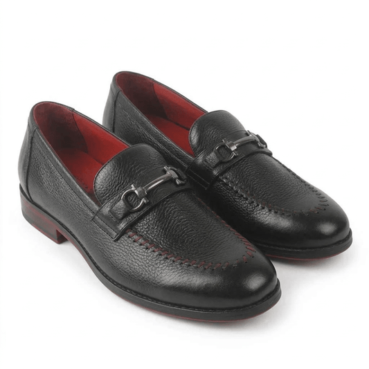 Premium black patina leather loafers for men with horsebit detail and red leather lining