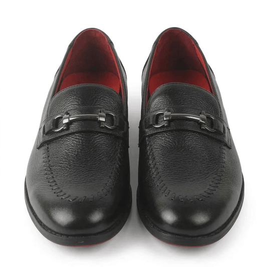 Hand-painted black patina leather loafers with luxury red interior and slip-on design