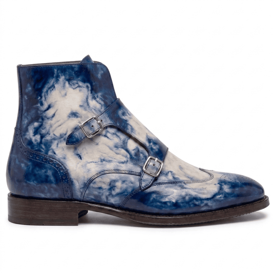 Side view of blue white patina leather boots for men
