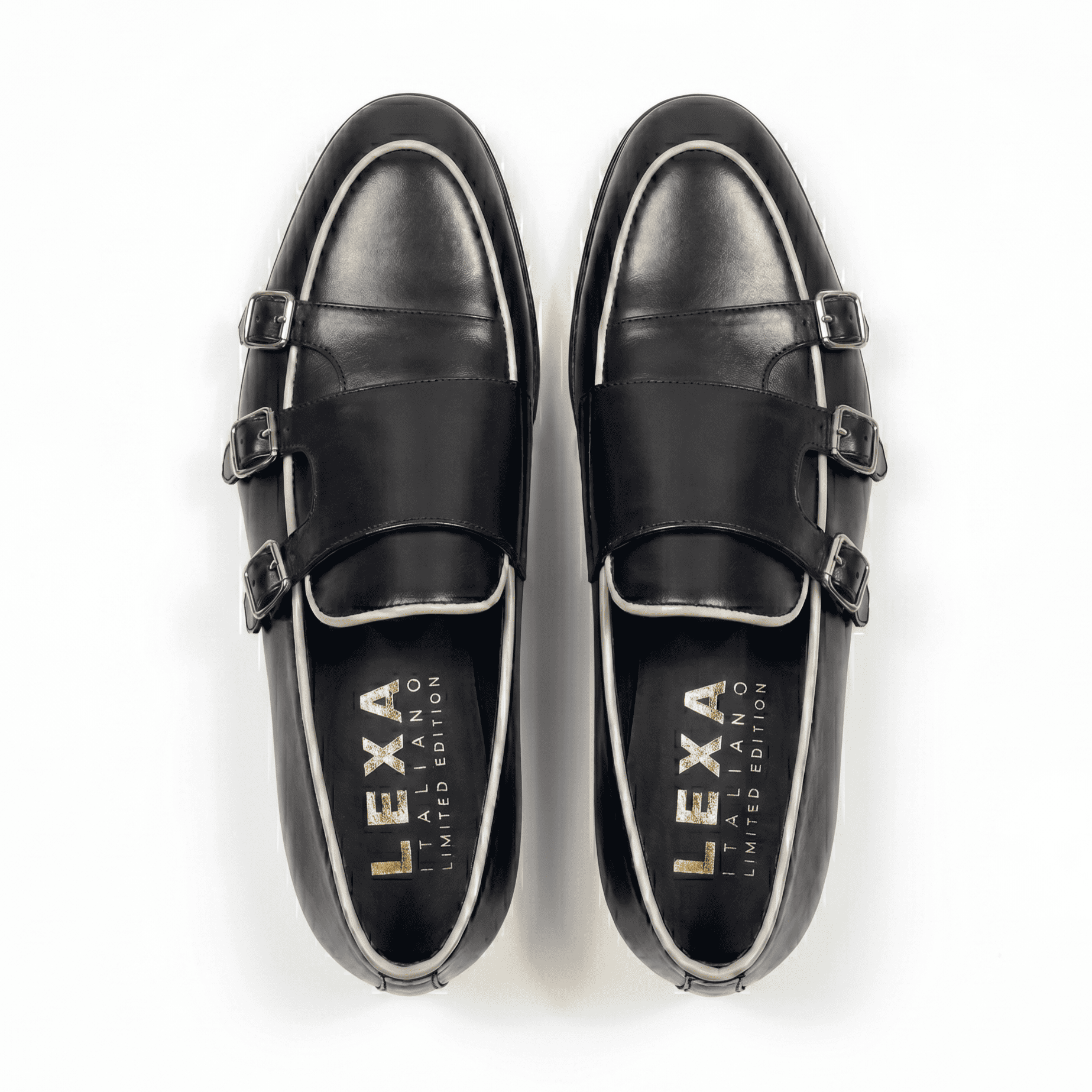 Top view of black leather triple monk strap dress shoes for men