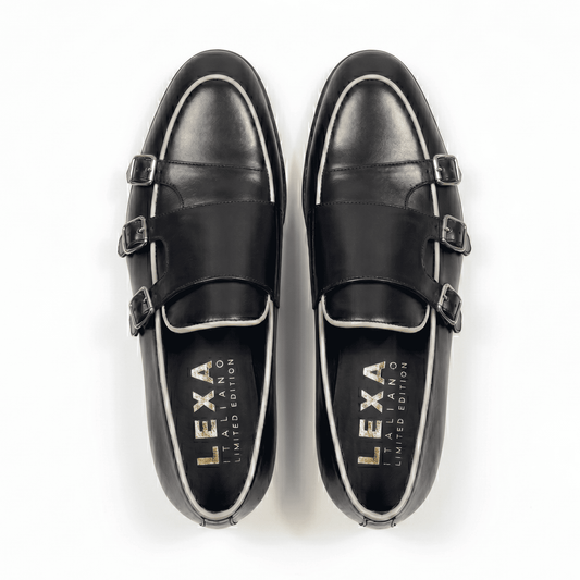 Top view of black leather triple monk strap dress shoes for men