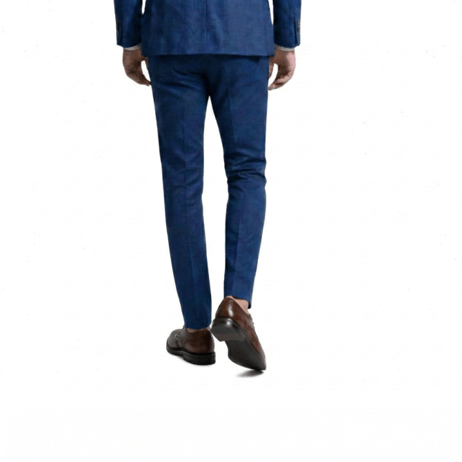 Back style view of brown brogue shoes with blue suit