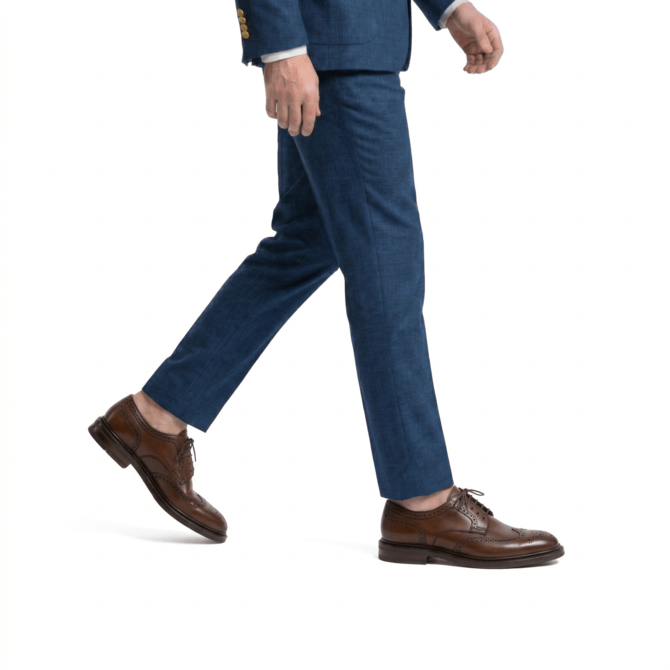 Side walking view of brown leather brogue formal shoes