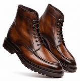 Angled view of stylish brown leather ankle boots for men