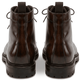 Back view of brown leather lace-up boots for men with pull tab