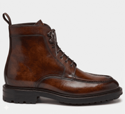 Side view of brown leather ankle boots for men with lace-up design
