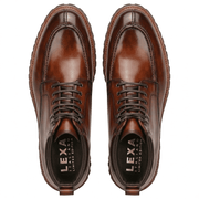 Top view of men’s brown leather lace-up boots showing inner lining