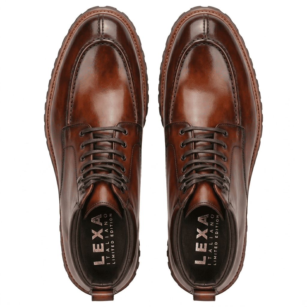 Top view of men’s brown leather lace-up boots showing inner lining