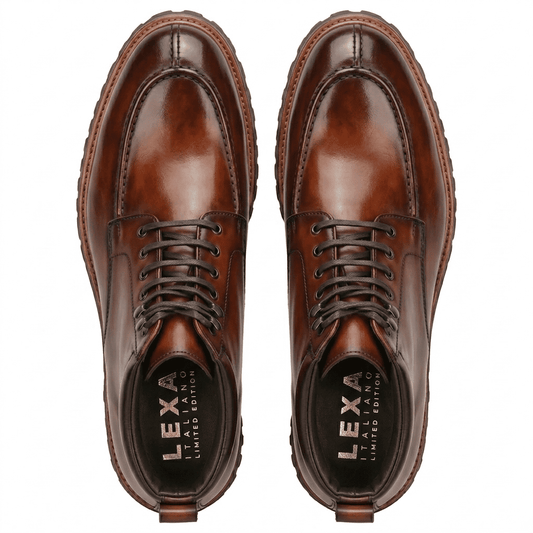 Top view of men’s brown leather lace-up boots showing inner lining