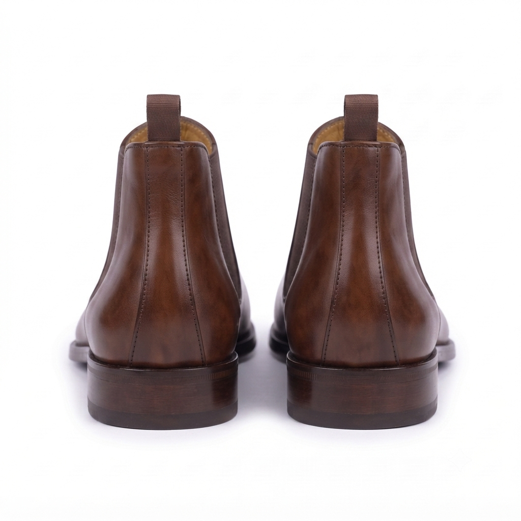 Rear view of handcrafted brown leather Chelsea boots for men highlighting the pull tabs and premium heel construction.
