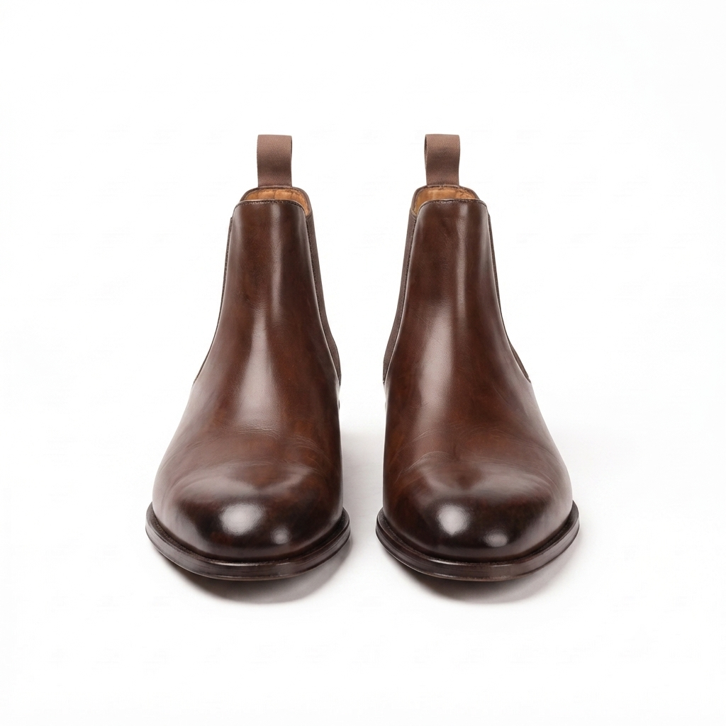 Front view of brown genuine leather Chelsea boots for men featuring a sleek almond toe and elegant craftsmanship.