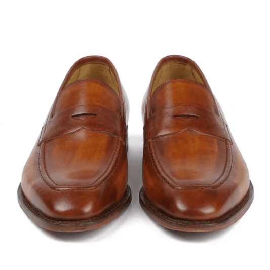 Top view of brown leather loafers for men highlighting premium craftsmanship and stitching