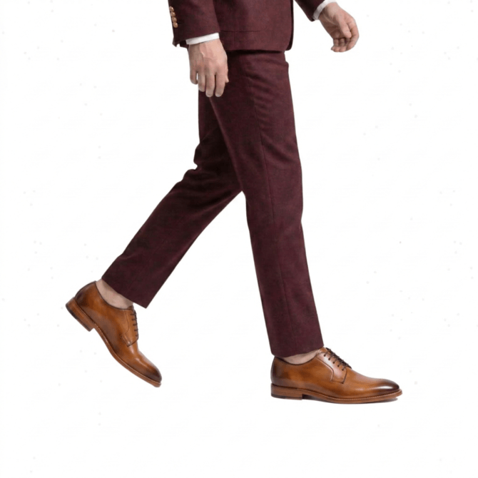 side walking view brown leather shoes men formal outfit