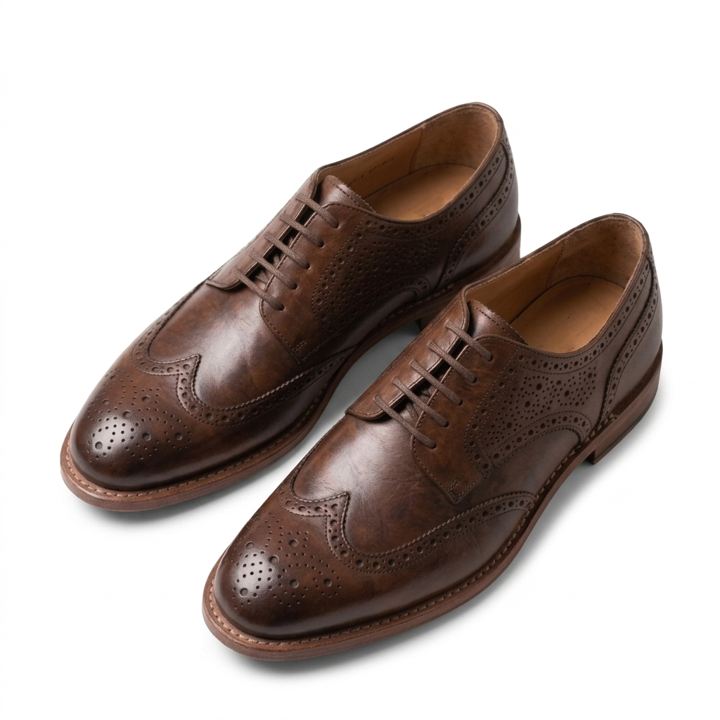 Brown leather wingtip oxford shoes for men angle view with brogue detailing formal footwear