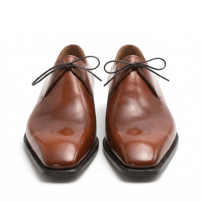 Front view of brown derby shoes with lace-up design