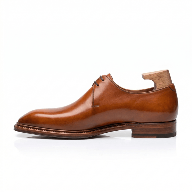 Side profile of brown patina leather derby shoes