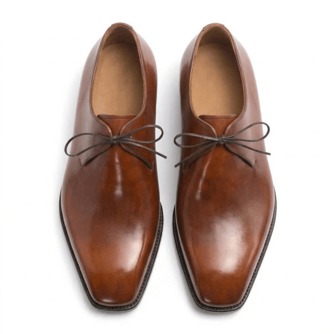 Top view of brown patina derby shoes for men