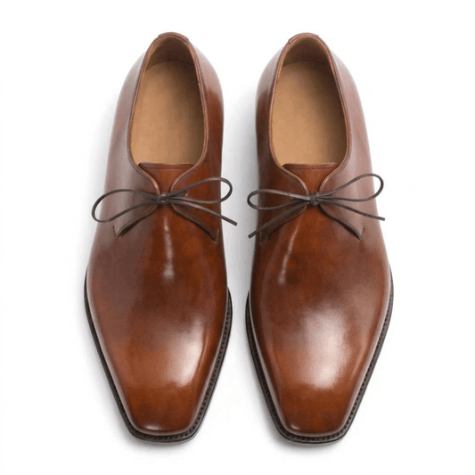 Top view of brown patina derby shoes for men