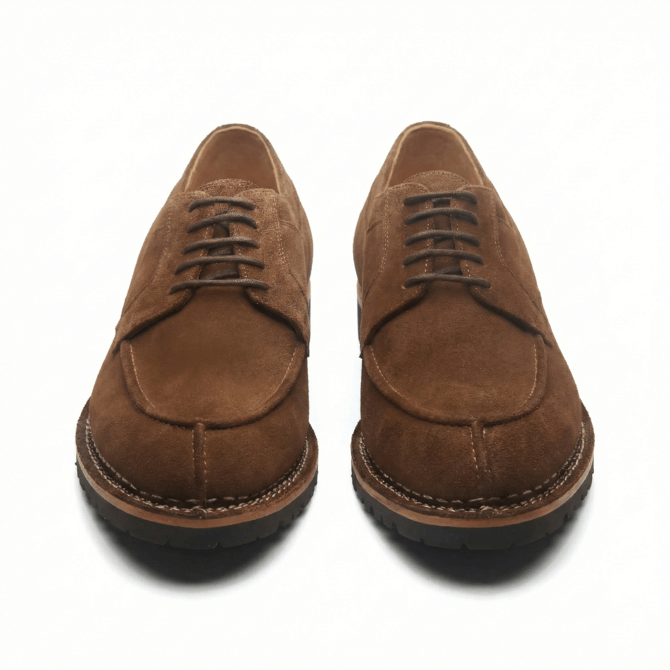 Top view of brown suede derby shoes for men