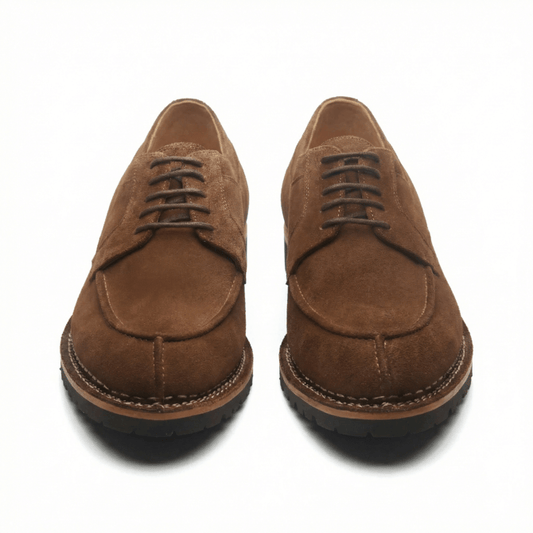 Top view of brown suede derby shoes for men